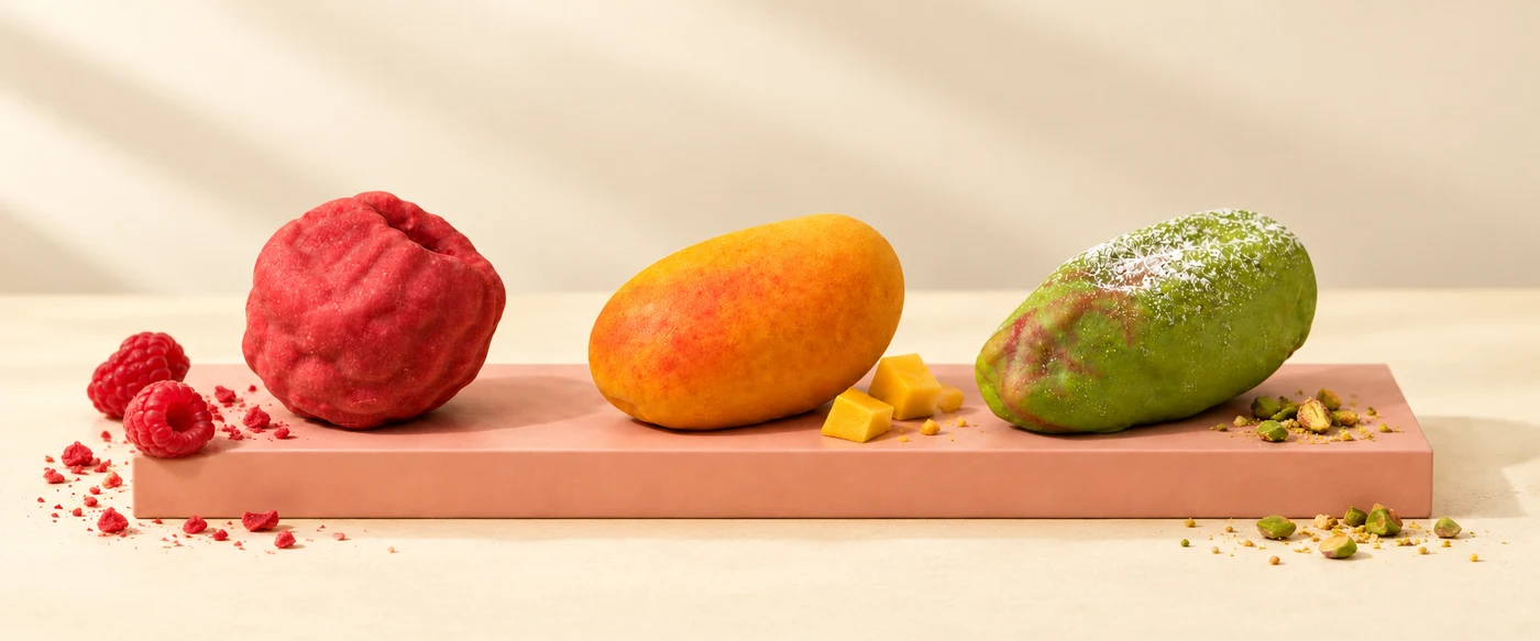 Raspberry, mango and pistachio Crunchy Shell Pastries on a peach podium